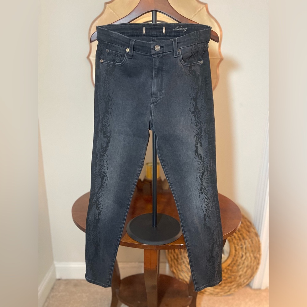 7 For All Mankind Aubrey Vintage Luxe Black Snakeprint Skinny Jeans Stretch Rock